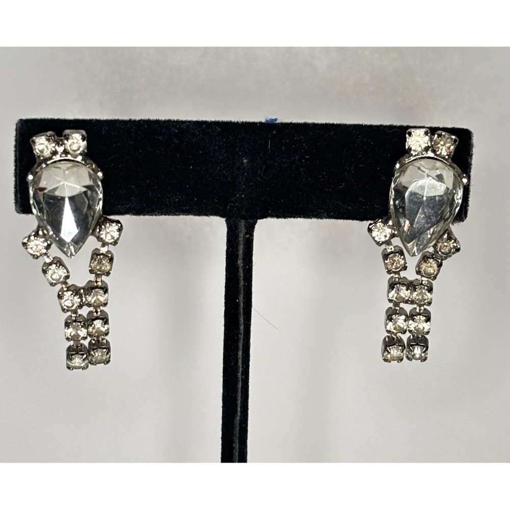 Vintage Clear Rhinestone Fringe Dangle Earrings Silver Tone Hollywood Glam